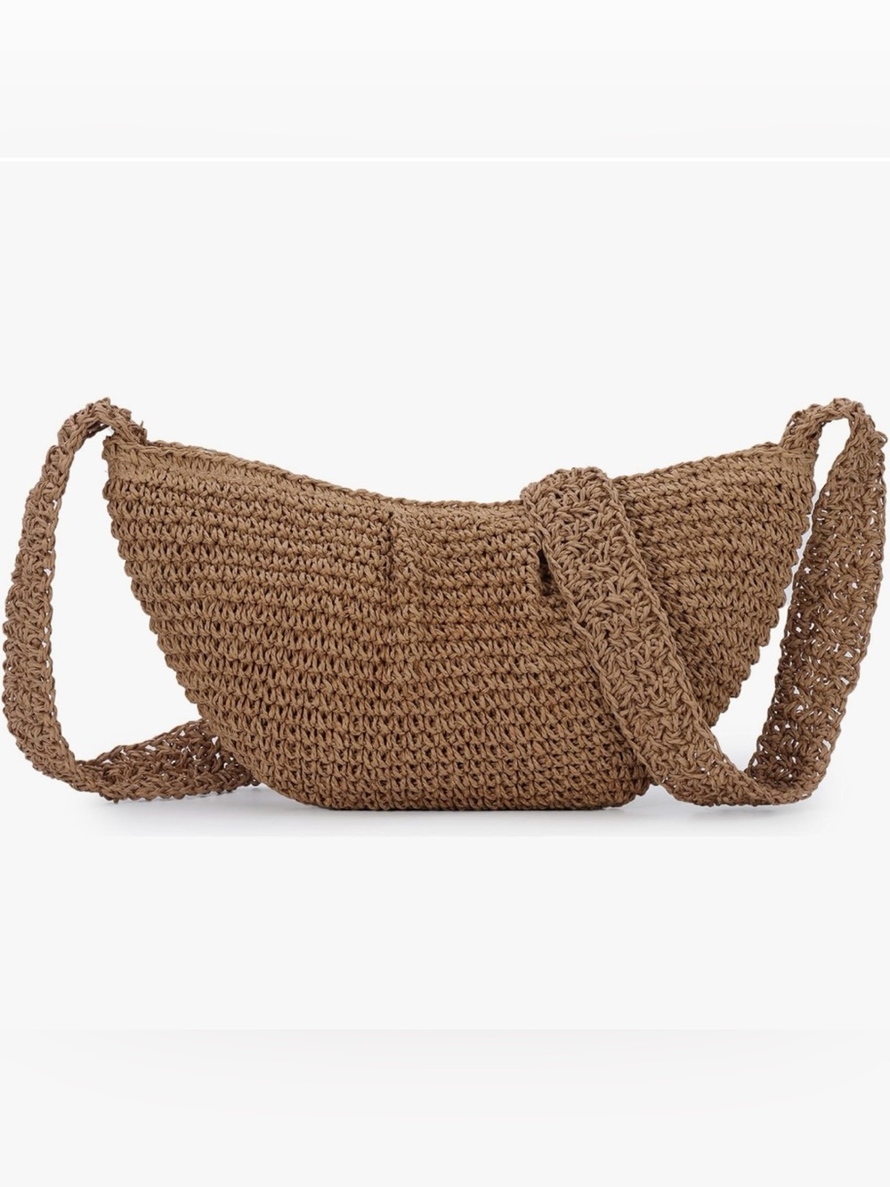 Minimalist Brown Woven Straw Crossbody Bag -Pleated Dumpling Shoulder Handbag
